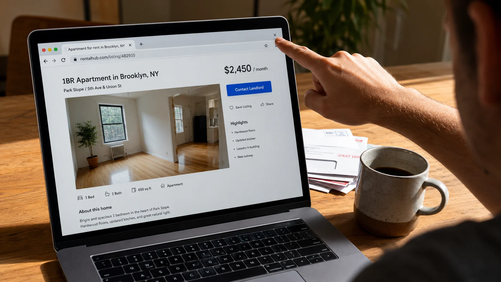 Hand closing a browser tab showing an apartment listing.