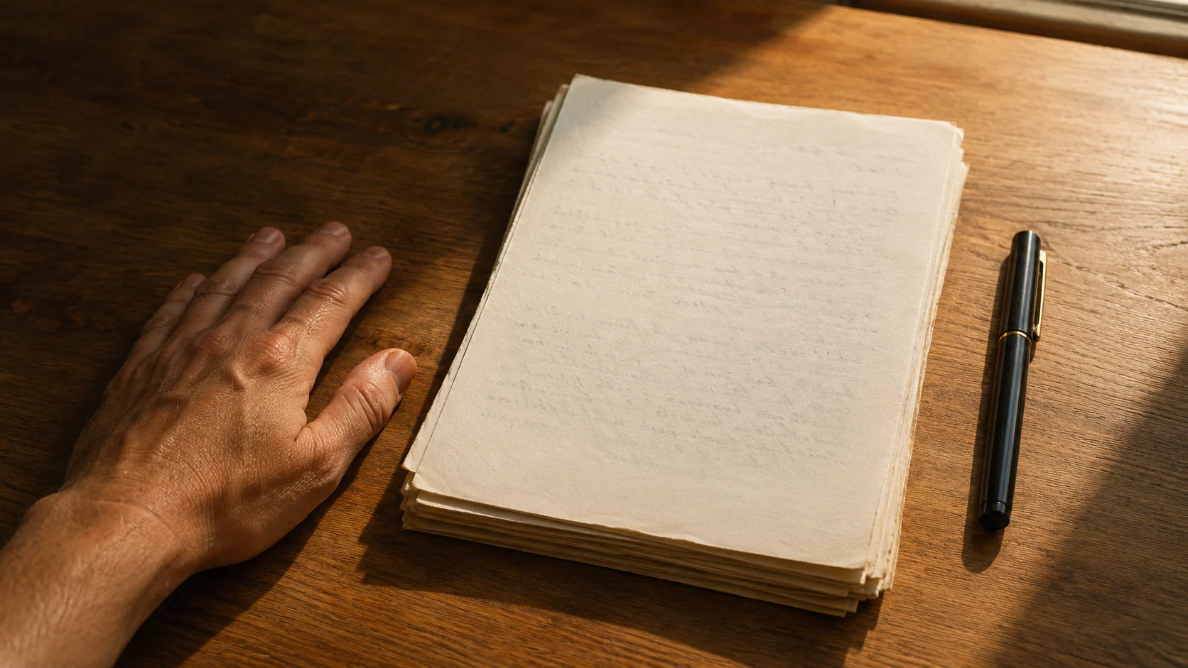 stack of pages face-down on a desk, a hand resting nearby not touching them