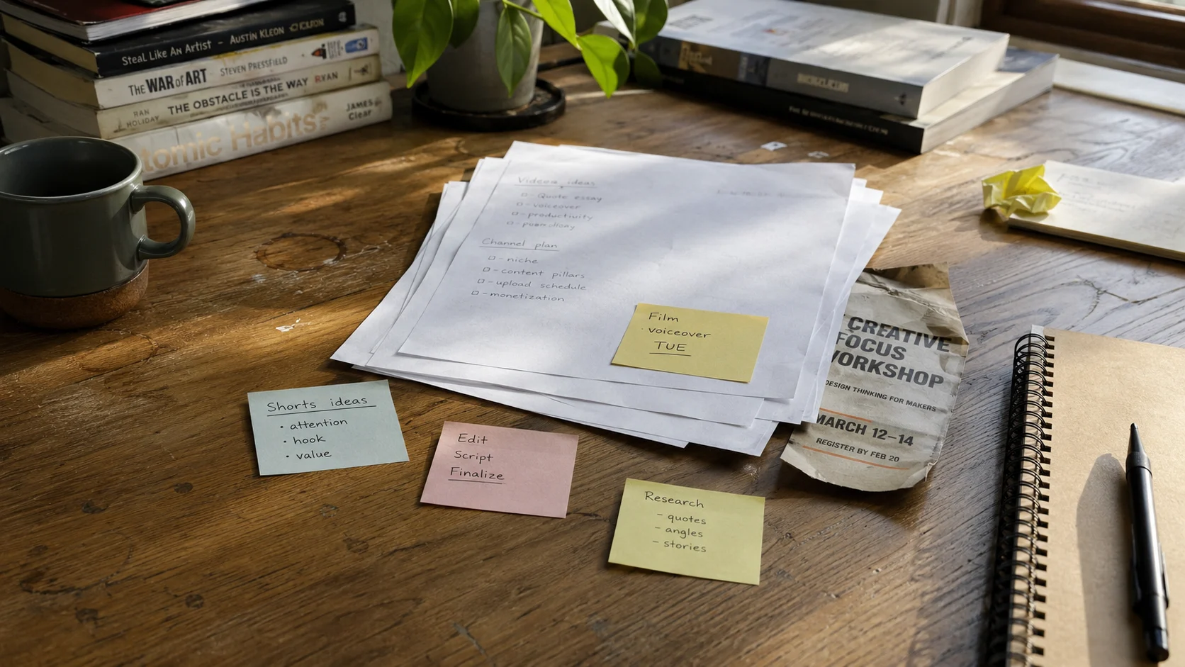 Curled flyer corner peeking from under a stack of papers on a desk