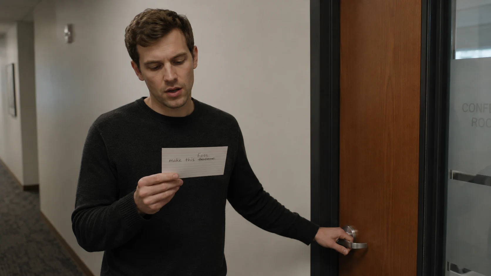 hand holding index card with crossed-out handwriting outside a closed door