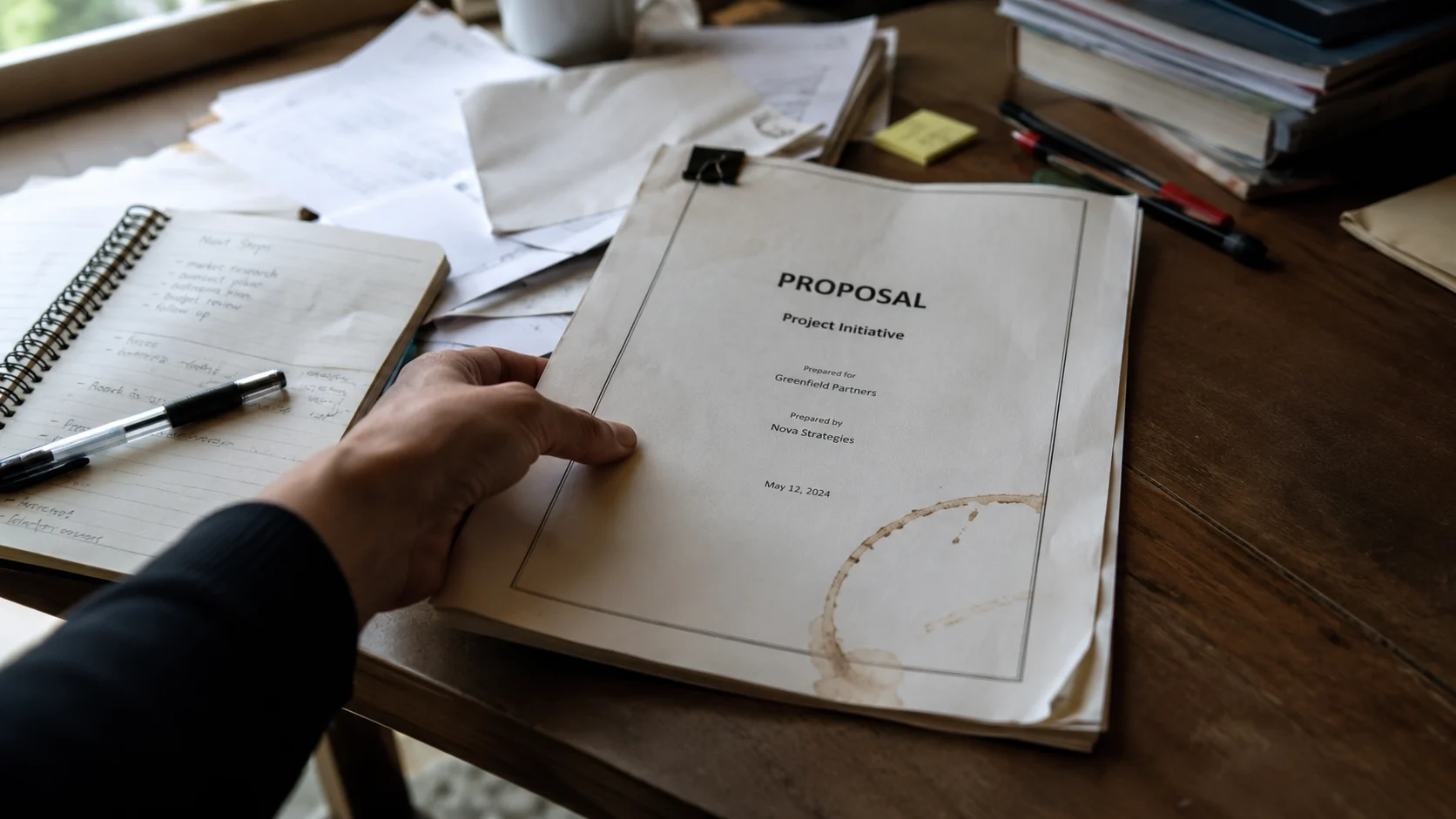 Hand reaching for a coffee-stained document at a desk corner