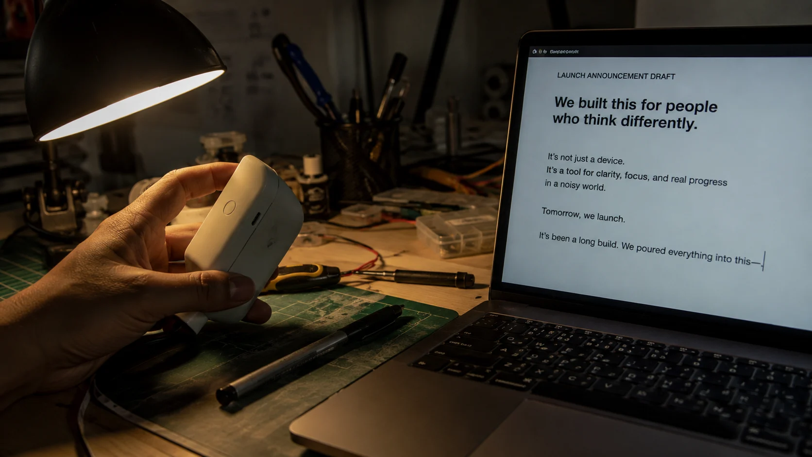 hand tilting a small device near a laptop with drafted text