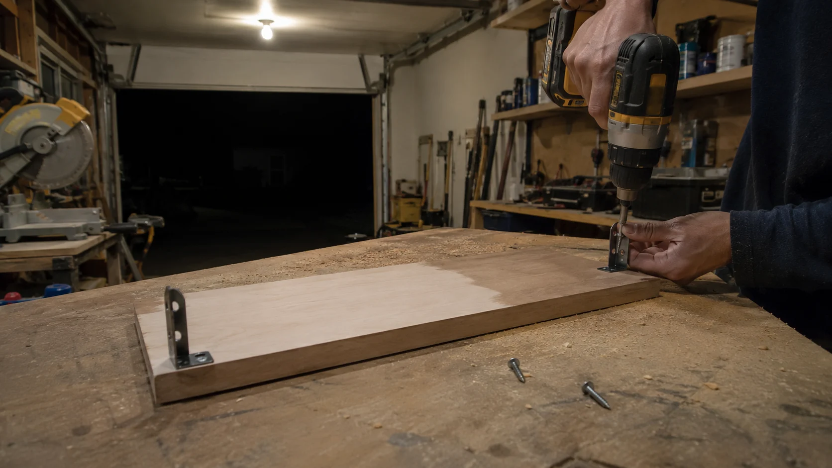 Half-sanded wooden shelf board on workbench, drill driving a screw