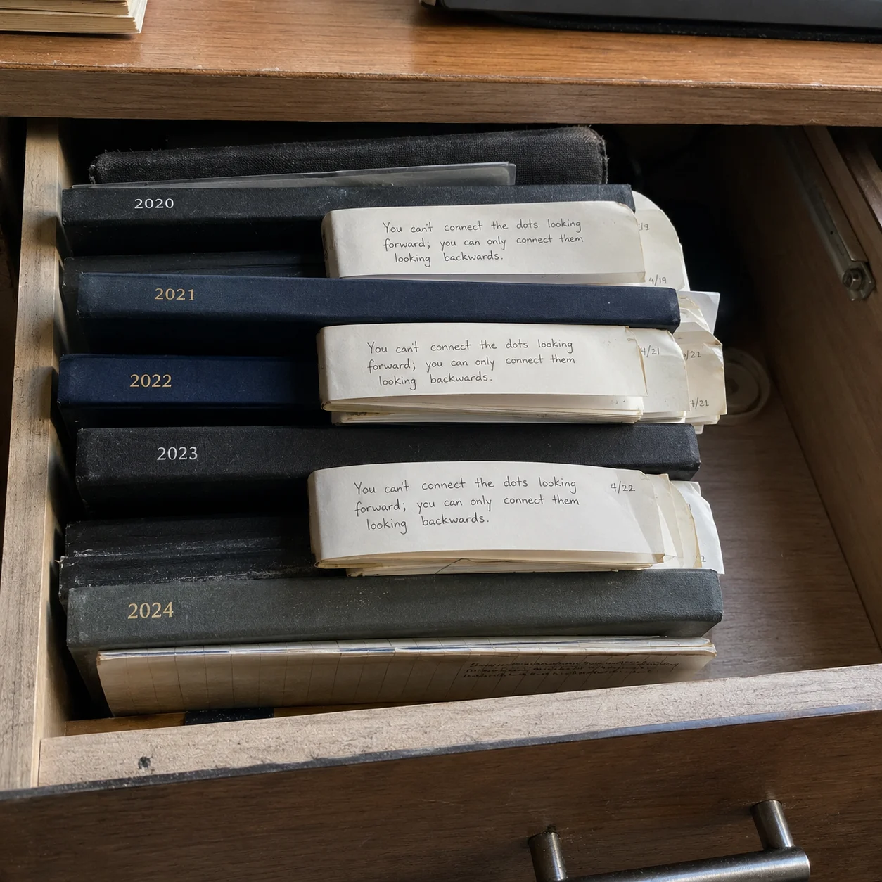 Stack of yearly planners in a drawer, same page dog-eared in each